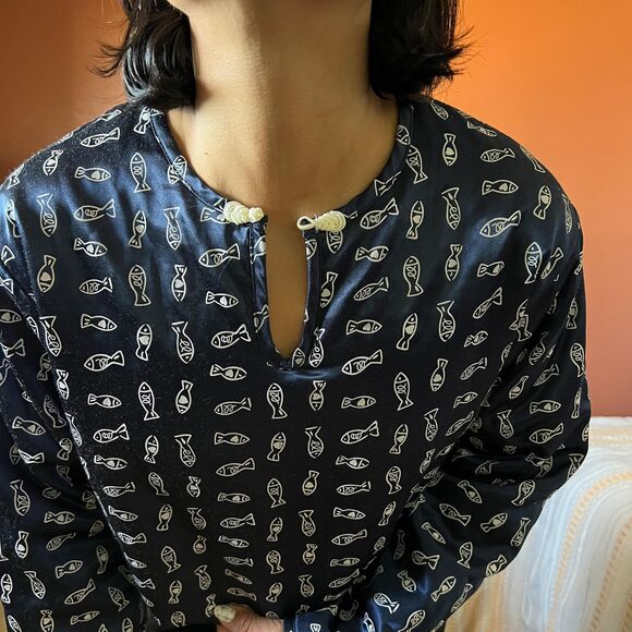 quilted fish print long sleeve blouse blue and white small medium Undercover - Picture 9 of 10